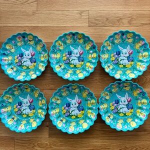 Vintage Easter Bunny & Chick Plates – Set of 6 Turquoise Scalloped Plastic